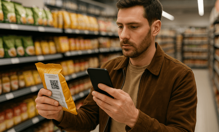 Man scanning QR code on a snack bag in a grocery store aisle