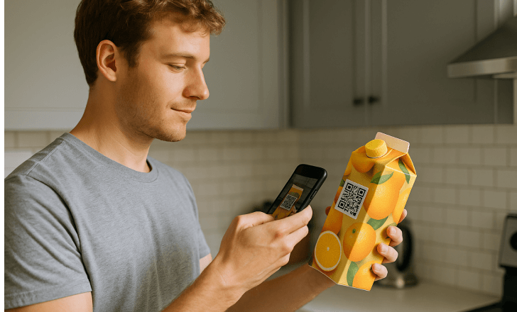 Man scanning a QR code on a juice carton in a modern kitchen