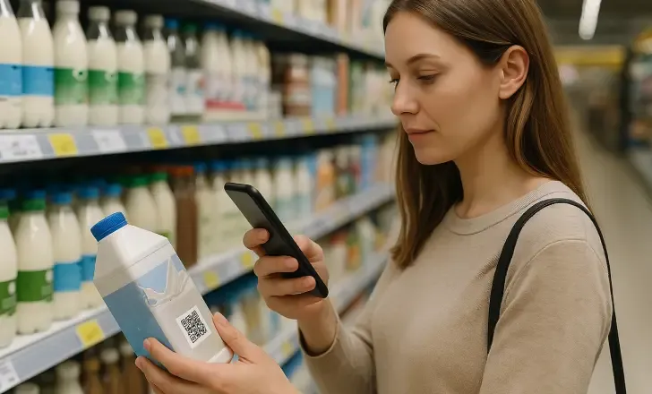 Natural QR scan on milk bottle in grocery aisle