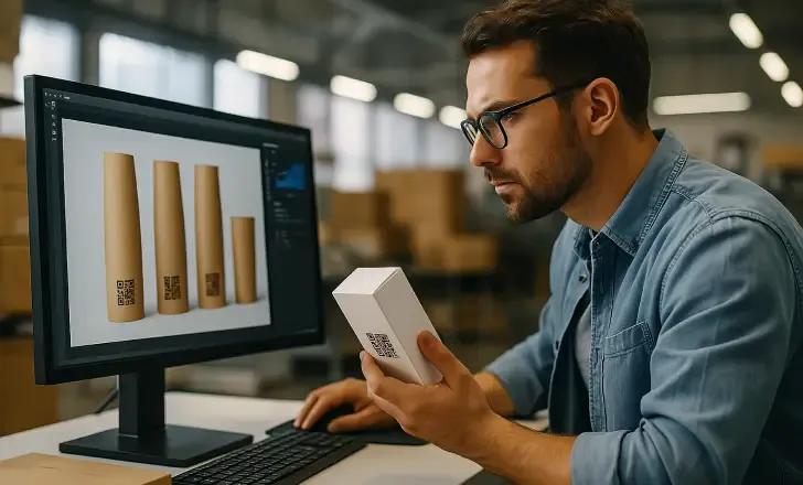 Packaging design with QR in industrial workspace