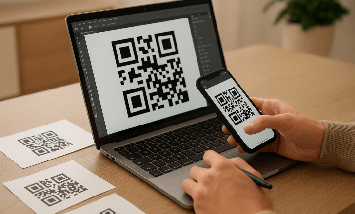 Person designing a QR code on a laptop while surrounded by printed prototypes on a wooden desk.