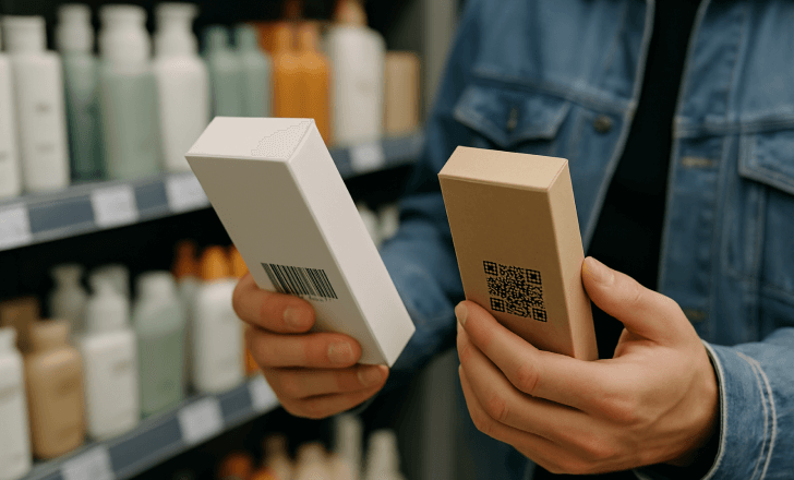 Person holding two product boxes in a store aisle, comparing one with a barcode and another with a QR code.