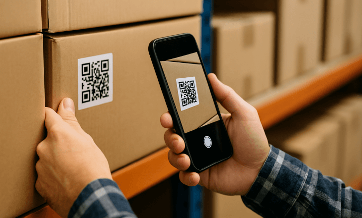 Person scanning QR code on a cardboard box in a warehouse