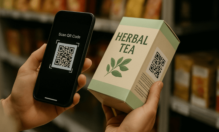Person scanning a QR code on a herbal tea box in-store with a smartphone