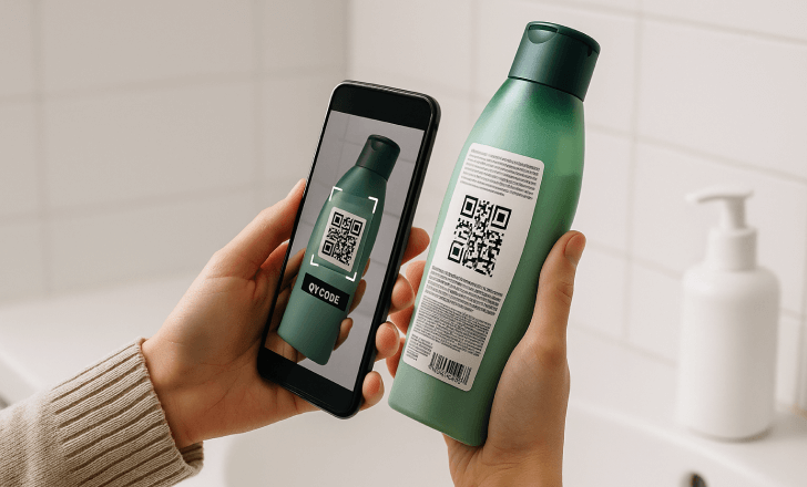 Person scanning a QR code on a shampoo bottle in a bathroom