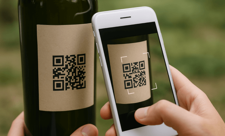 Person scanning a QR code on a wine bottle with a smartphone