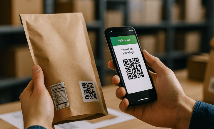 Person scanning a QR code on kraft packaging with a smartphone in a warehouse, representing dynamic QR response routing.