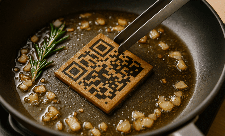 QR code block placed inside a pan with sizzling ingredients and rosemary