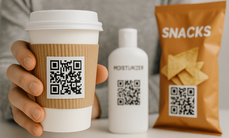 QR codes on a coffee cup, moisturizer bottle, and snack pouch highlighting multi-sector loyalty strategies