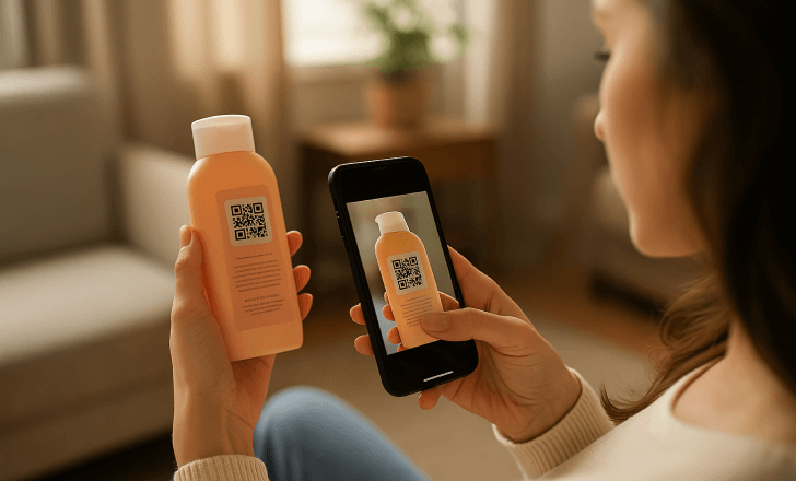 Scanning QR code on cosmetic bottle at home
