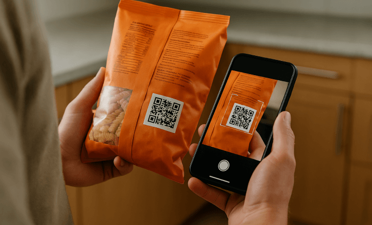 Scanning QR code on pasta packaging at home