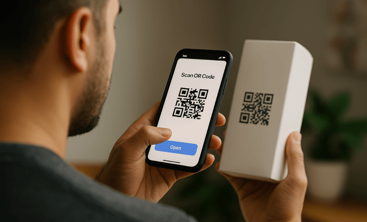 Scanning QR code on white box with smartphone