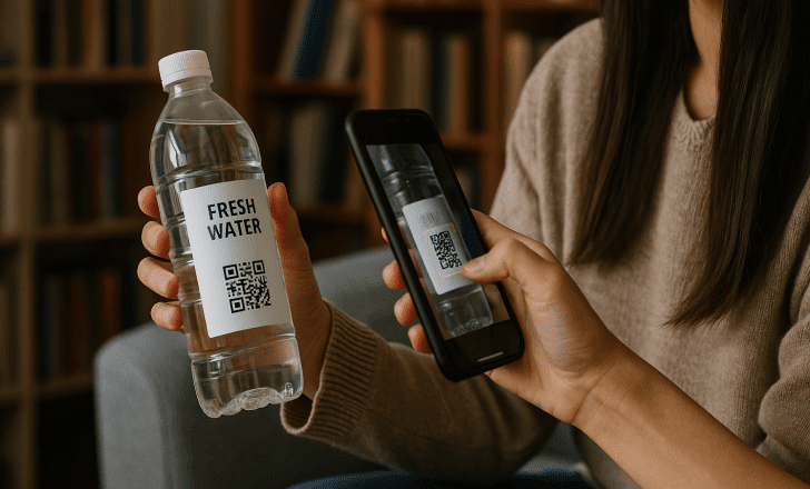 Scanning QR on water bottle from CPG brand at home