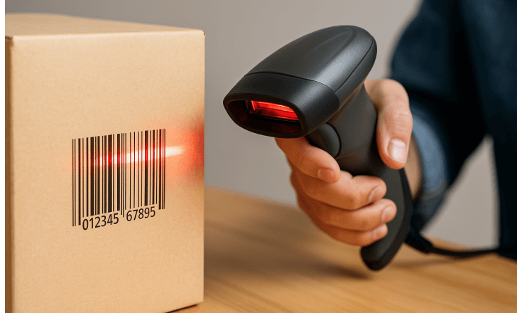 Scanning linear barcode on cardboard box