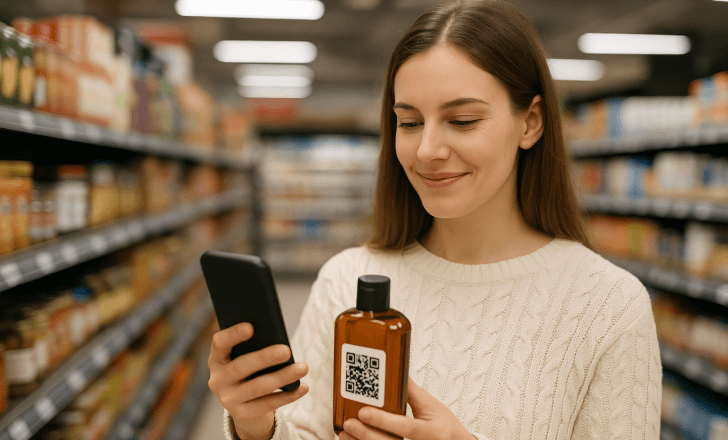 Smiling woman scanning a QR code on a brown bottle while shopping in a well-lit supermarket
