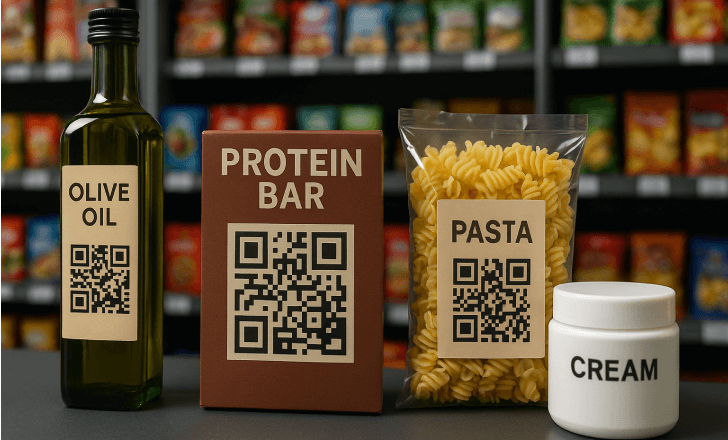 Supermarket products with QR codes, including olive oil, protein bar, pasta, and cream jar