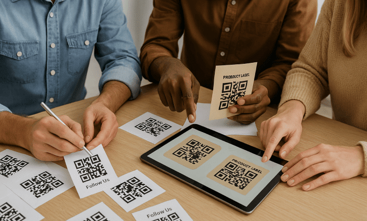 Team of professionals reviewing QR code label designs on printed cards and a tablet during a product packaging meeting.