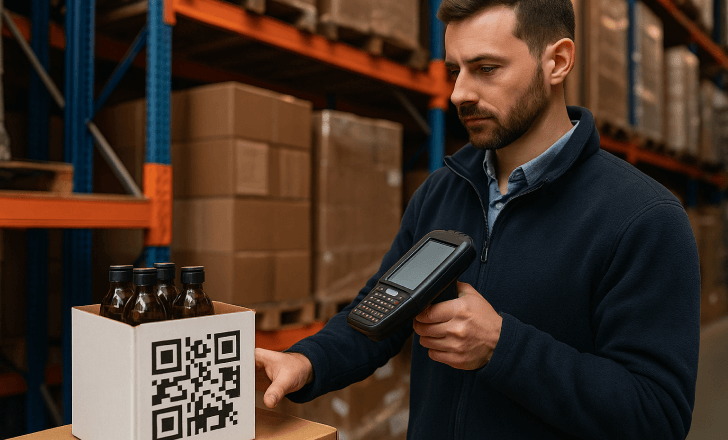 Warehouse worker scanning QR for product traceability