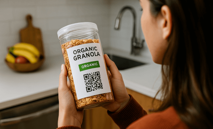 Woman examining QR-labeled granola packaging at home