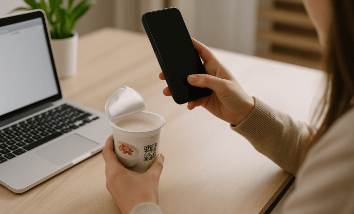 Woman scanning QR code on yogurt container at a desk with laptop