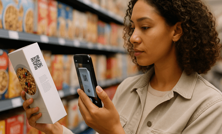 Woman scanning a QR code on a cereal box in a supermarket aisle