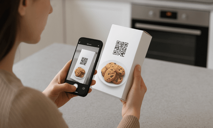 Woman scanning a QR code on a cookie box in her kitchen
