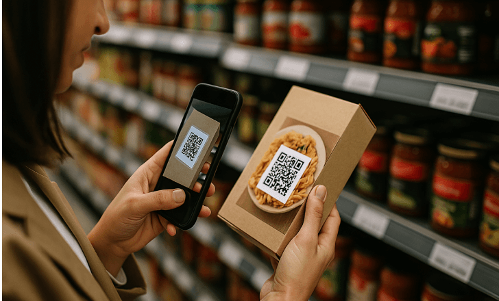 Woman scanning a QR code on a pasta package in a grocery store aisle