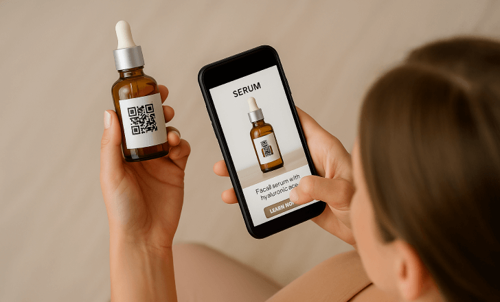 Woman scanning a QR code on a serum bottle, phone screen shows product landing page