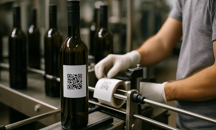 Worker applying QR code labels to bottles on a packaging line