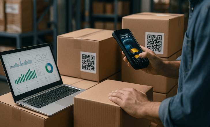 A logistics worker uses a scanner and laptop to manage QR-coded boxes in a warehouse with visible inventory data.