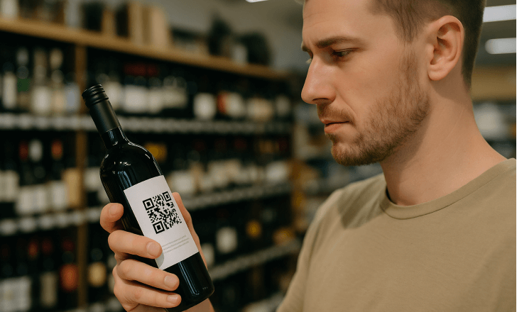 A man closely examines a wine bottle with a QR code label in a store aisle filled with wines.