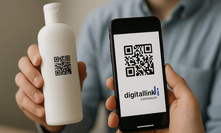 A person displays a QR code on a white bottle and shows the matching code with the Digital Link Connexum logo on their smartphone screen.
