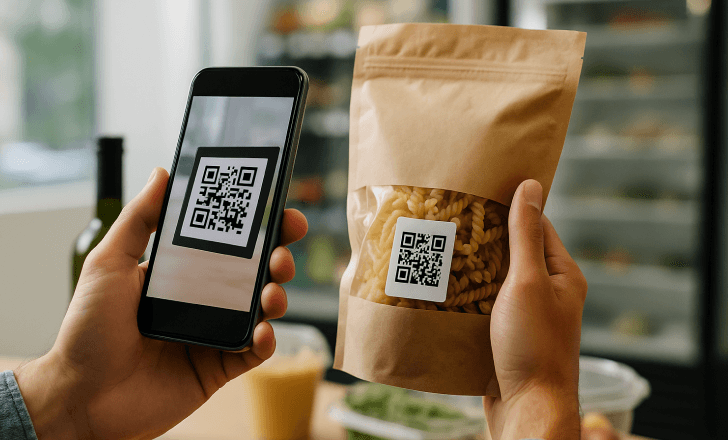 A person scans a QR code on a paper pasta bag in a grocery store, using a smartphone to access smart packaging content.