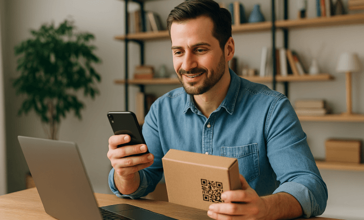A smiling man interacts with a cardboard box featuring a QR code while using his smartphone and laptop in a home office.