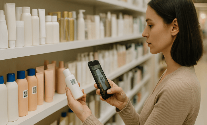 A woman in a store scans a skincare product with a QR code while browsing a shelf filled with beauty items.