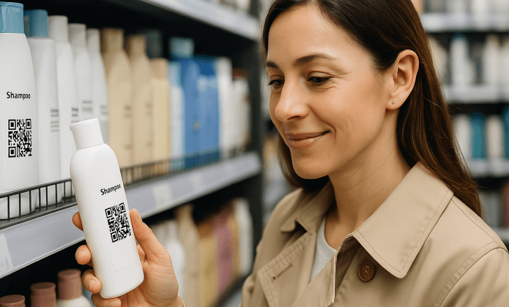 A woman smiles while evaluating a shampoo bottle with a QR code in a retail aisle full of personal care products.