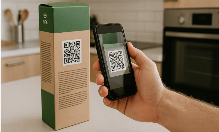 Person scanning a QR code on a cereal box with smartphone in a modern kitchen