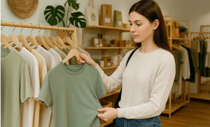 Young shopper choosing eco-friendly clothing in a sustainable fashion store with wooden racks and plants.