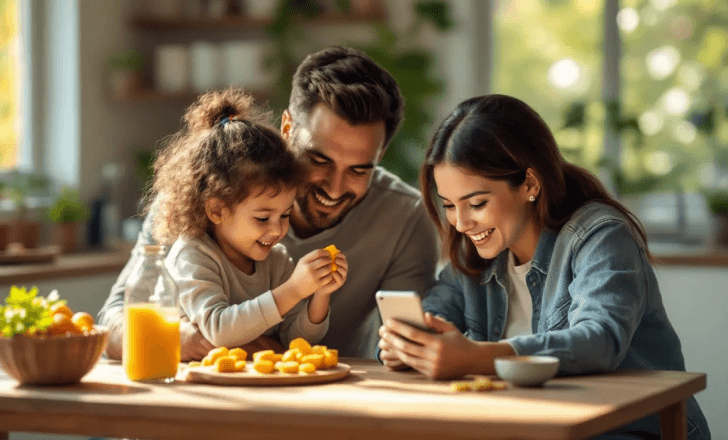 Family scanning a snack package with QR code in kitchen