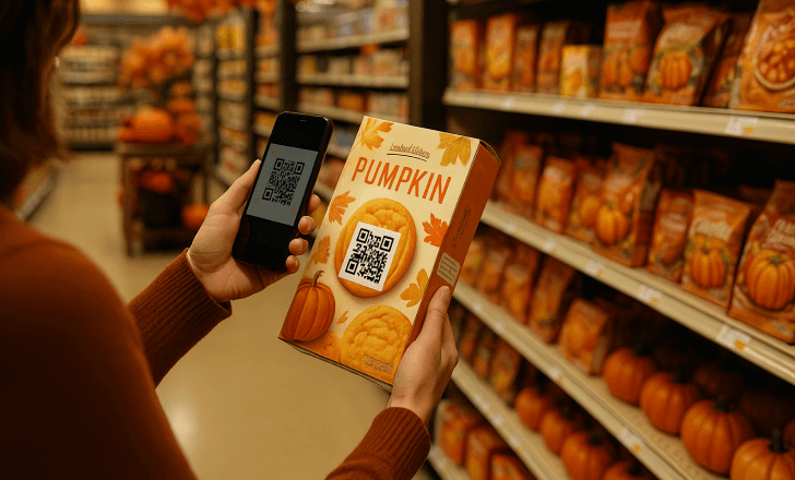 Shopper scanning a seasonal product with smart packaging QR code in a supermarket aisle