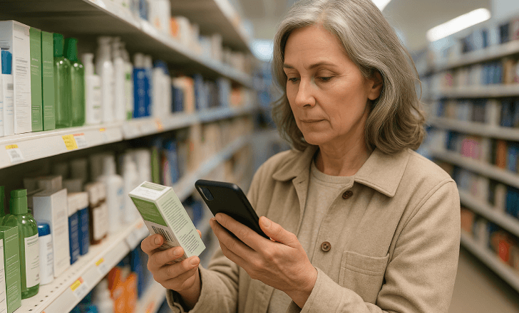 Woman scanning a product’s barcode with her smartphone in a retail store aisle filled with personal care items