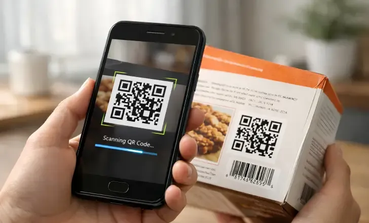 Consumer scanning a 2D barcode on packaging to access digital product information