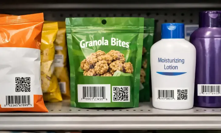 Products showing coexistence of traditional barcodes and 2D barcodes during transition