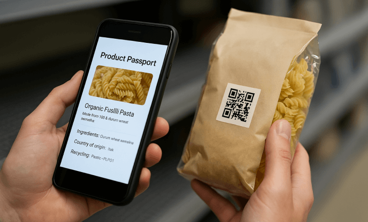 A close-up of a person holding a pasta package and scanning its QR code, showing a digital passport with product ingredients and recycling info on their phone screen.