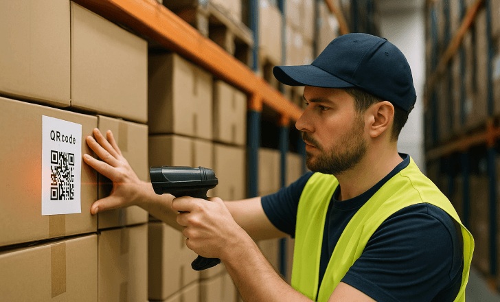 A man in a safety vest scans a QR code on a cardboard box using a handheld scanner in a warehouse filled with inventory.