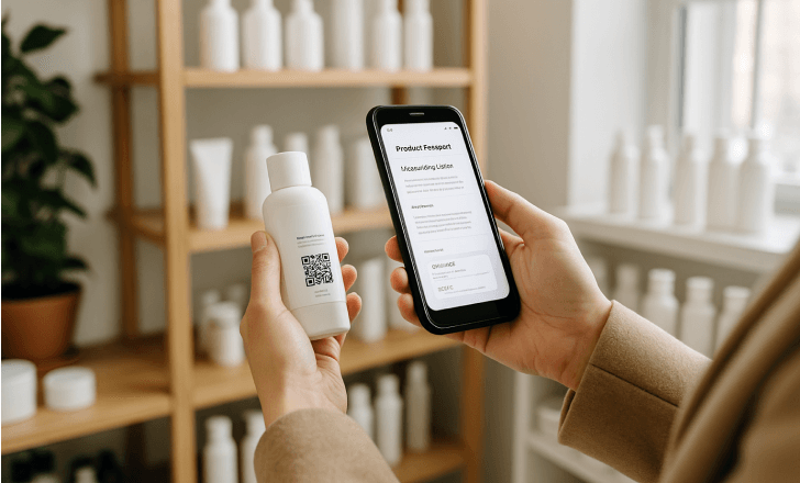 A person scans a QR code on a skincare bottle using a smartphone in a bright beauty store, viewing product passport data.