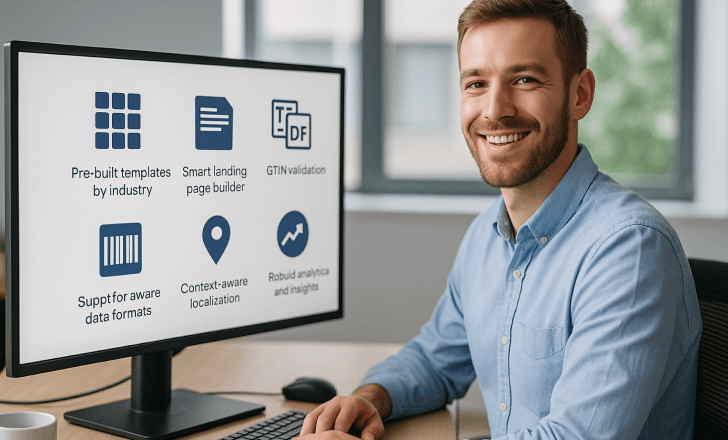 A smiling man at his desk in a modern office, with a screen displaying icons for templates, landing pages, GTIN validation, and localization.