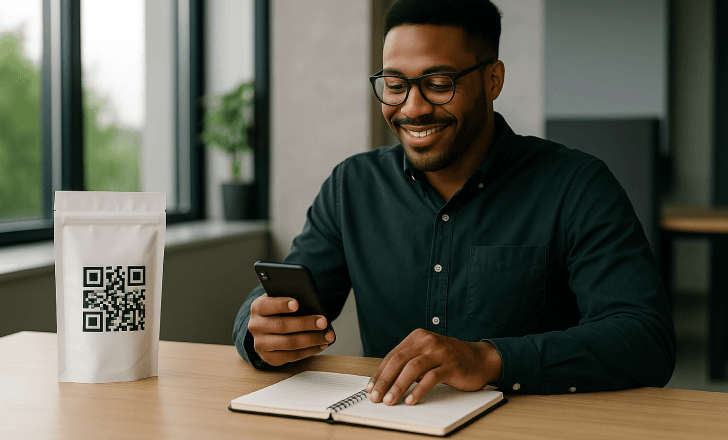 A smiling man in a modern office uses his smartphone next to a pouch with a QR code and an open notebook on the desk.