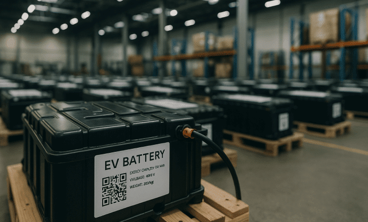 A warehouse filled with EV battery packs, each labeled with a QR code, resting on wooden pallets under industrial lighting.