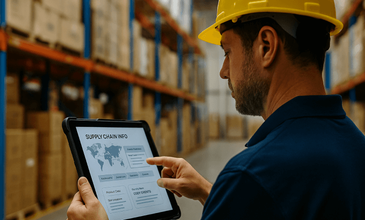 A warehouse worker in a yellow hard hat reviews real-time supply chain data on a tablet in front of industrial shelves.